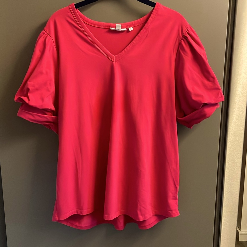 Chicos‎ Pink Puff Sleeve V-Neck Top Cotton Stretch XL Size 3